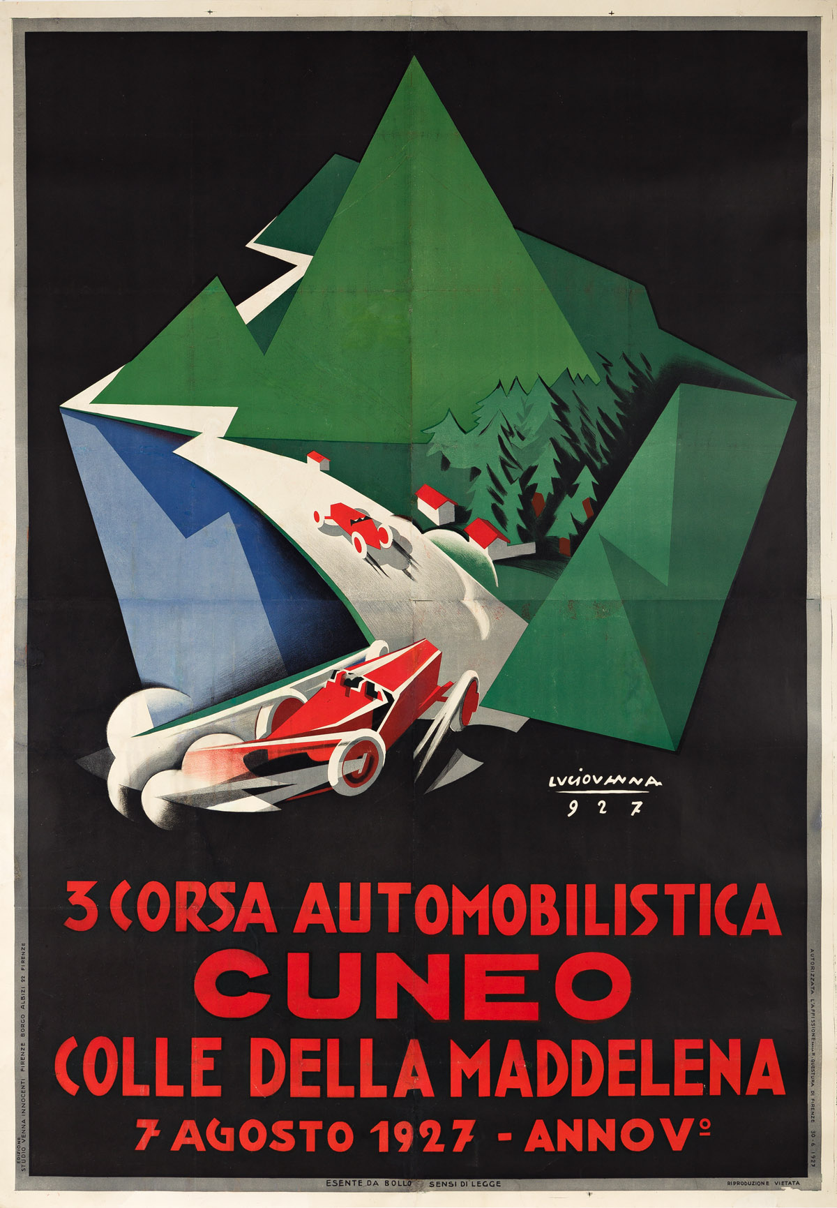 LUCIO VENNA (GIUSEPPE LANDSMANN, 1897-1974).  3 CORSA AUTOMOBILISTIC CUNEO. 1927. 76½x53 inches, 194¼x134½ cm. Edizione Studio Venna In